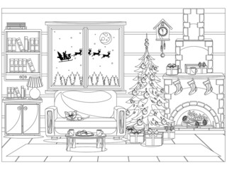 Wall Mural - Coloring book for kids and adults in the form of a vector room prepared for the celebration of the new year and Christmas.