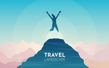 Girl Jumping On Top Of The Mountain. Travel Concept Of Discovering, Exploring And Observing Nature. Hiking Tourism. Adventure. Minimalist Graphic Flyers. Polygonal Flat Design. Vector Illustration.