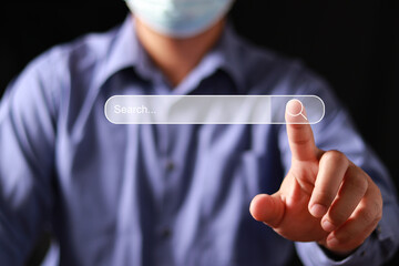 Poster - Searching Browsing Internet Data Information Networking Concept, Data Search Technology Search Engine Optimization, Male hand pressing Search button.