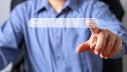 Poster - Searching Browsing Internet Data Information Networking Concept, Data Search Technology Search Engine Optimization, Male hand pressing Search button.