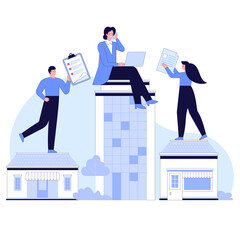 Poster - distant work concept. woman manager working on laptop