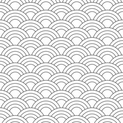  Art Deco seamless pattern with a thin black outline on a white background for modern fabrics, textiles, decorative pillows. Many circles are stacked like scales. Suitable for coloring. 