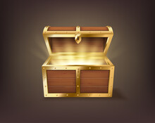 Realistic Open Chest, Vintage Old Treasure Wooden Box, Pirate Dover With Golden Glowing Inside