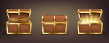 Set Of Wooden Chests With Open And Closed Lid, Full Of Shining Golden Coins And Empty Realistic