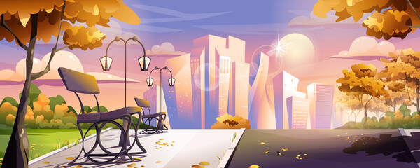 Wall Mural - Autumn city park landing page. Fall public park with orange leaves trees, wooden benches, lanterns and footpath, skyscrapers on horizon. Cityscape web banner background. Cartoon vector illustration
