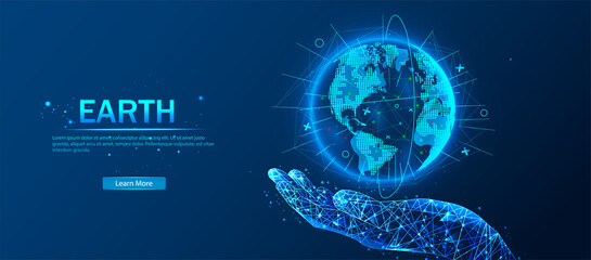 Poster - network. planet earth from space. flickering lights of cities. map of the mainland. global communica