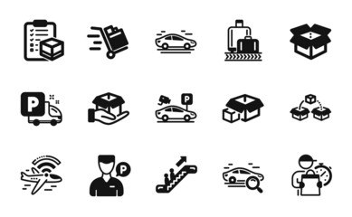 Poster - vector set of parcel shipping, parking security and packing boxes icons simple set. delivery man, ai