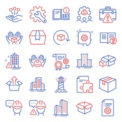 Poster - Industrial icons set. Included icon as Instruction info, Lighthouse, Builders union signs. Customisation, Help, Engineering team symbols. Packing boxes, Strategy, Warning briefcase. Parcel. Vector