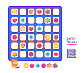 Sudoku for kids. Page for brain teaser book. Logic puzzle game for children and adults. Play online. Memory training for seniors. Place the toys in empty spaces so that each line has one of a kind.