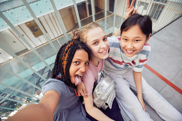 Wall Mural - POV high angle view at diverse group of schoolgirls taking selfie together