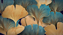 Art Background With Blue And Gold Ginkgo Leaves For Textile Decoration, Packaging Or Web Banner
