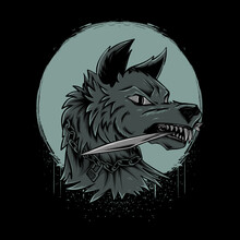 Wolf Biting Knife With Moon Illustration