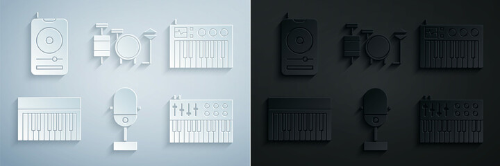 Poster - Set Microphone, Music synthesizer, Drums and player icon. Vector