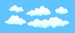 Cartoon clouds isolated on blue background. Cumulus and fluffy eddy in blue sky. Hand drawn sketch. Cloudscape 2d vector illustrations.