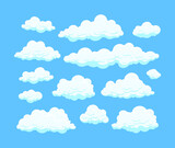 Fototapeta  - Cartoon clouds isolated on blue background. Cumulus and fluffy eddy in blue sky. Hand drawn sketch. Cloudscape 2d vector illustrations.