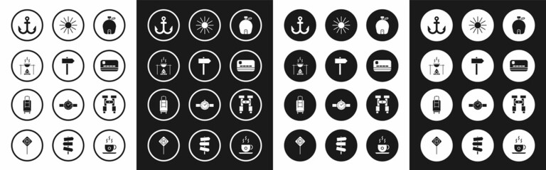 Poster - Set Canteen water bottle, Road traffic signpost, Campfire and pot, Anchor, Credit card, Sun, Binoculars and Suitcase icon. Vector