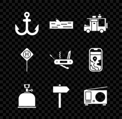 Poster - Set Anchor, Wooden log, Rv Camping trailer, gas stove, Road traffic signpost, Radio with antenna, Parking and Swiss army knife icon. Vector