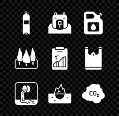 Poster - Set Bottle of water, Polar bear head, Canister for gasoline, Wastewater, Iceberg, CO2 emissions cloud, Forest and Global warming icon. Vector