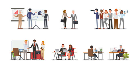 Set of Business office connection working concept. Businessmen and businesswomen character vector design. Presentation in various action with emotions, running, standing and walking.