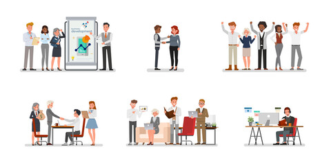 Wall Mural - Set of Business office connection working concept. Businessmen and businesswomen character vector design. Presentation in various action with emotions, running, standing and walking.