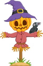 Cartoon Halloween Pumpkin Scarecrow With Crow