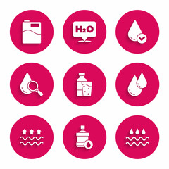 Sticker - Set Bottle of water with glass, Big bottle clean, Wave drop, Water, Waves and evaporation, Drop magnifying, and icon. Vector