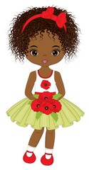 Wall Mural - Beautiful Cute African American Girl Holding Bouquet of Red Poppies. Vector Black Girl with Poppies