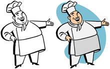 A Vintage Retro Cartoon Of A Chef In His Uniform Gesturing To The Right. 