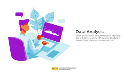 Poster - digital analysis concept for business market research, marketing strategy, auditing and financial. data visualization with character, charts and statistics for landing page, banner, presentation