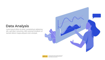Poster - digital analysis concept for business market research, marketing strategy, auditing and financial. data visualization with character, charts and statistics for landing page, banner, presentation