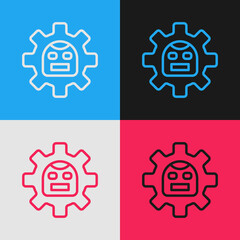 Poster - Pop art line Robot icon isolated on color background. Artificial intelligence, machine learning, cloud computing. Vector