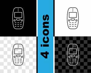 Poster - Set line Old vintage keypad mobile phone icon isolated on black and white, transparent background. Retro cellphone device. Vintage 90s mobile phone. Vector