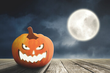 Wall Mural - creepy pumpkin on table with full moon background