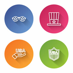 Sticker - Set line Glasses with stars, Patriotic American top hat, USA Independence day and Shield. Color circle button. Vector