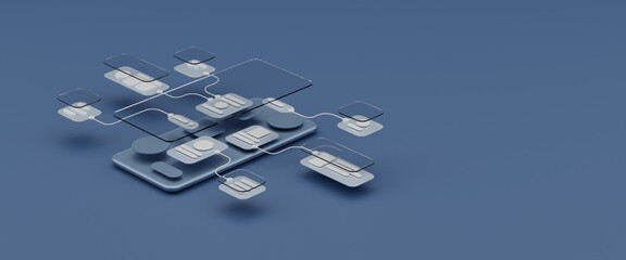 UX UI flowchart connection node graphic designer creative planning application process development data prototype wireframe for web mobile icon phone . User experience concept. 3d rendering.