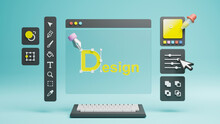 Graphic Designer Creative Creator Design Logo Artwork Curve Pen Tool Illustration Equipment Icons Digital Computer Display Workspace. Graphic Design Software. 3d Rendering.