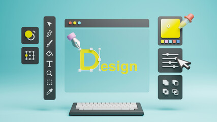 Fototapete - Graphic designer creative creator design logo artwork curve pen tool illustration equipment icons digital computer display workspace. Graphic design software. 3d rendering.