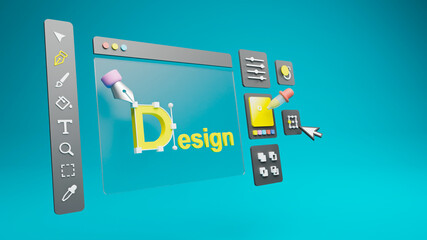Fototapete - Graphic designer creative creator design logo artwork curve pen tool illustration equipment icons digital computer display workspace. Graphic design software. 3d rendering.