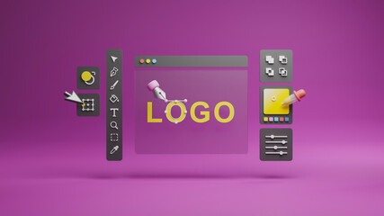 Graphic designer creative creator design logo artwork curve pen tool illustration equipment icons digital computer display workspace. Graphic design software. 3d rendering.