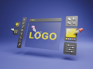 Fototapete - Graphic designer creative creator design logo artwork curve pen tool illustration equipment icons digital computer display workspace. Graphic design software. 3d rendering.