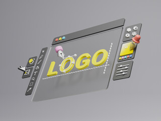 Fototapete - Graphic designer creative creator design logo artwork curve pen tool illustration equipment icons digital computer display workspace. Graphic design software. 3d rendering.