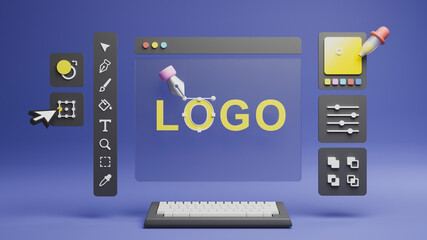 Graphic designer creative creator design logo artwork curve pen tool illustration equipment icons digital computer display workspace. Graphic design software. 3d rendering.