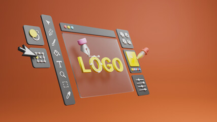 Wall Mural - Graphic designer creative creator design logo artwork curve pen tool illustration equipment icons digital computer display workspace. Graphic design software. 3d rendering.