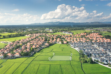 Wall Mural - land plot in aerial view. gps registration survey of property, real estate for map with location, ar