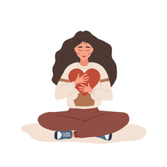Love yourself. Self care. Mental health concept. Happy woman hugging red heart. Smiling teenager enjoys her freedom. Vector illustration in flat cartoon style.