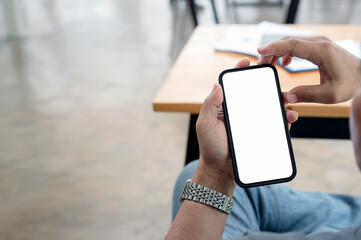 Wall Mural - cropped shot of man hand holding blank screen smartphone while sitting at living room.