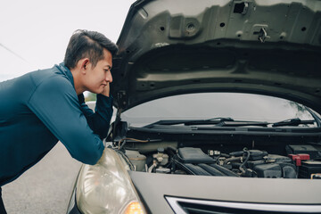 Poster - Serious man headache and bored side of car breakdown and open bonnet on roadside. Car broken concept.