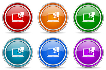 Leinwandbilder - Laptop, notebook, computer silver metallic glossy icons, set of modern design buttons for web, internet and mobile applications in 6 colors options isolated on white background