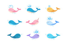 A Large Set Of Colorful Cute Whales. A Small Cheerful Whale, A Blue And Pink Narwhal.