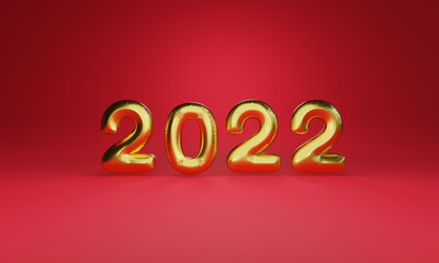 Wall Mural - Golden 2022 year balloon with light glowing on red background for preparation merry Christmas and happy new year concept by 3d render technique.